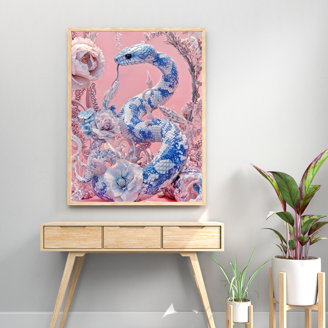 Oracle Snake Art Print - Blue and White Porcelain Serpent Wall Decor - Surreal Western - Elegant Mystical Snake Poster - Desert Art