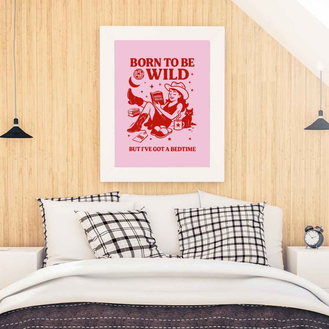 Born to Be Wild But I’ve Got a Bedtime – Funny Cowgirl Retro Poster | Vintage Western Wall Art | Cozy Feminine Aesthetic | Red Ink Print | Cat Lady Humor
