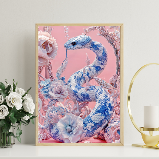 Oracle Snake Art Print - Blue and White Porcelain Serpent Wall Decor - Surreal Western - Elegant Mystical Snake Poster - Desert Art