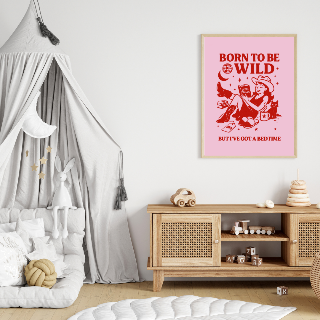 Born to Be Wild But I’ve Got a Bedtime – Funny Cowgirl Retro Poster | Vintage Western Wall Art | Cozy Feminine Aesthetic | Red Ink Print | Cat Lady Humor