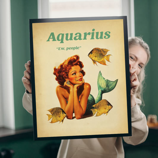 Aquarius Zodiac Poster – Eccentric Astrology Wall Art, Quirky Horoscope Print, Water Bearer Decor, Aquarius Gift Idea