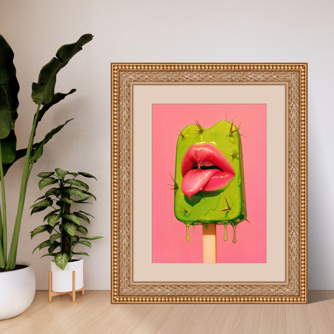 Prickly Pop Print - Cactus Lips Art - Surreal Western Pop Art - Neon Desert Aesthetic Poster - Alt Indie Y2K - Cowgirlcore Cactus Wall Art