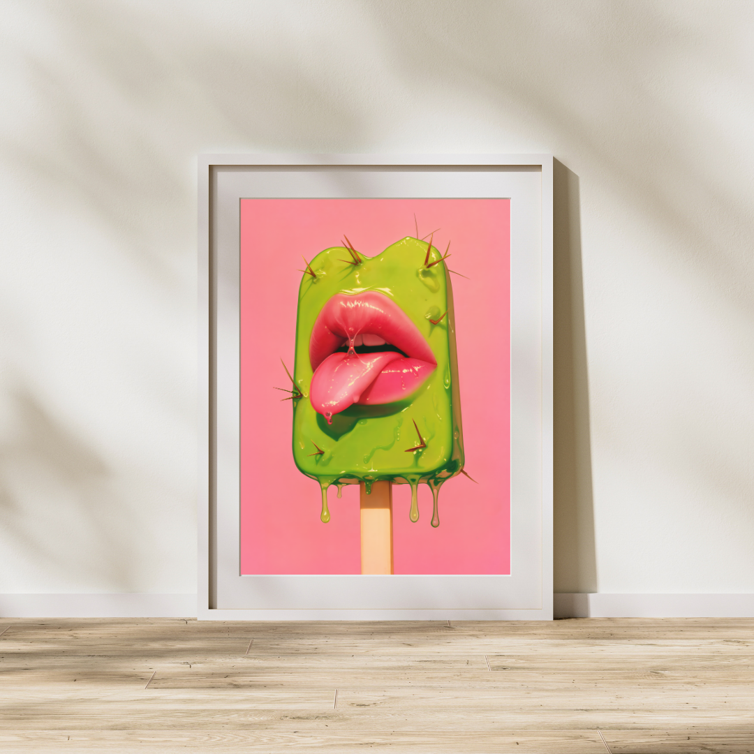 Prickly Pop Print - Cactus Lips Art - Surreal Western Pop Art - Neon Desert Aesthetic Poster - Alt Indie Y2K - Cowgirlcore Cactus Wall Art