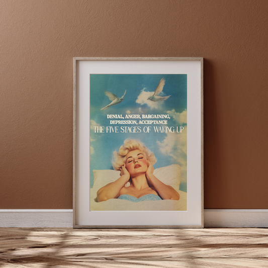 The Five Stages of Waking Up - Funny Vintage Print, Retro Sleepy Girl Art, Relatable Morning Humor, 1950s Pin-Up Poster