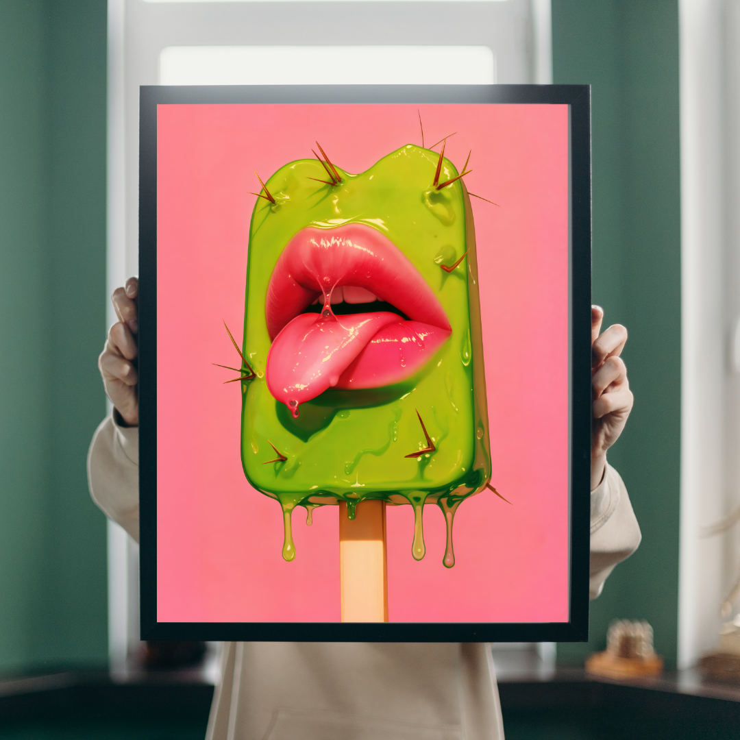 Prickly Pop Print - Cactus Lips Art - Surreal Western Pop Art - Neon Desert Aesthetic Poster - Alt Indie Y2K - Cowgirlcore Cactus Wall Art
