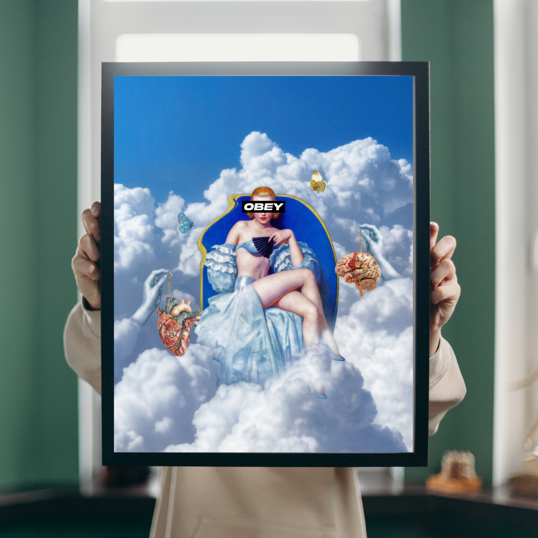 Obey Surreal Art Print – Thought-Provoking Vintage Collage of Heart vs Mind – Feminine Dreamscape Wall Art