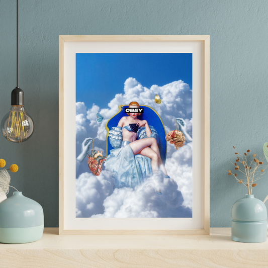 Obey Surreal Art Print – Thought-Provoking Vintage Collage of Heart vs Mind – Feminine Dreamscape Wall Art