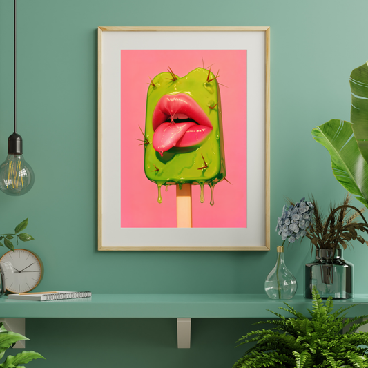 Prickly Pop Print - Cactus Lips Art - Surreal Western Pop Art - Neon Desert Aesthetic Poster - Alt Indie Y2K - Cowgirlcore Cactus Wall Art