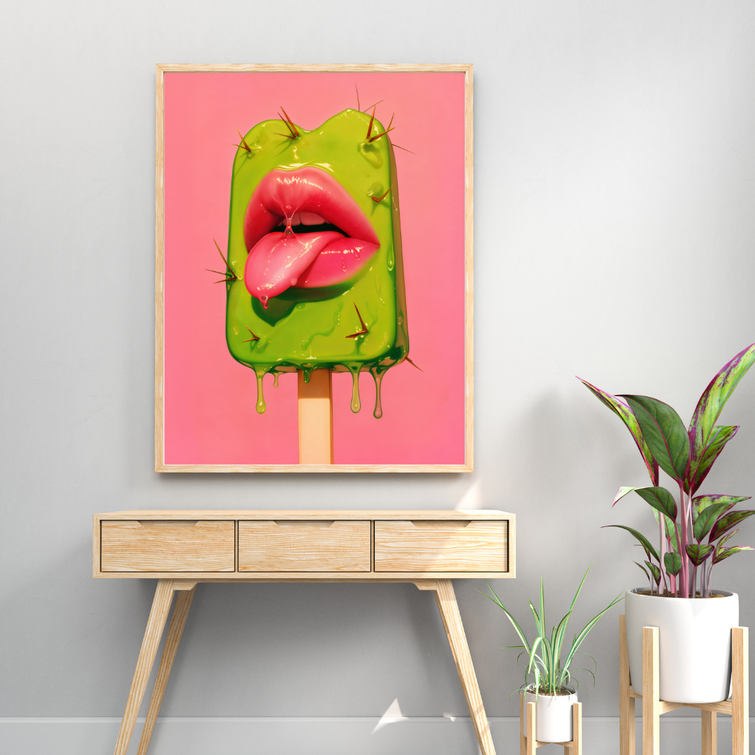 Prickly Pop Print - Cactus Lips Art - Surreal Western Pop Art - Neon Desert Aesthetic Poster - Alt Indie Y2K - Cowgirlcore Cactus Wall Art