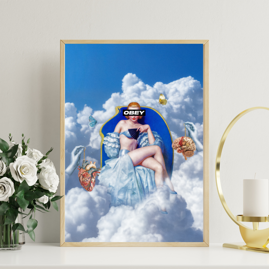 Obey Surreal Art Print – Thought-Provoking Vintage Collage of Heart vs Mind – Feminine Dreamscape Wall Art