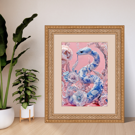 Oracle Snake Art Print - Blue and White Porcelain Serpent Wall Decor - Surreal Western - Elegant Mystical Snake Poster - Desert Art