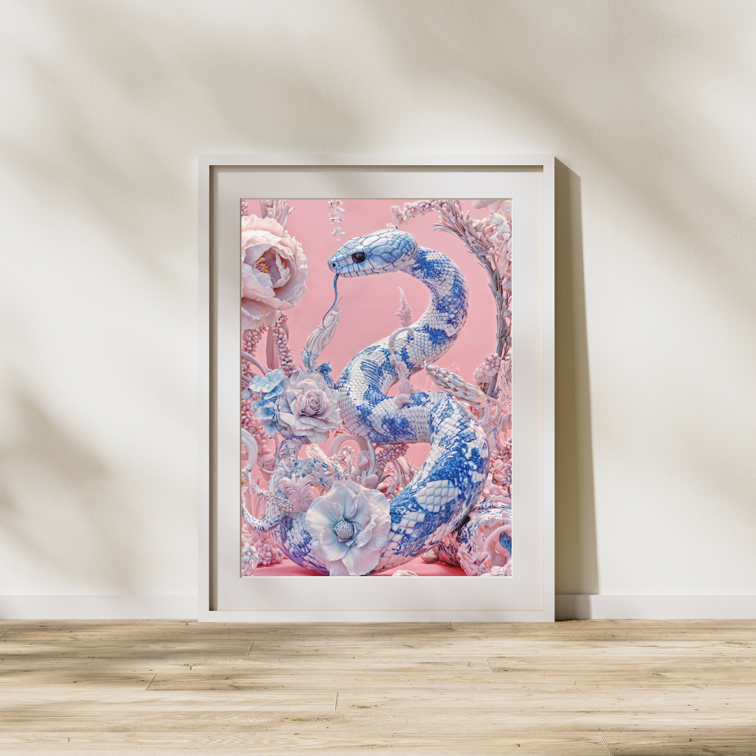 Oracle Snake Art Print - Blue and White Porcelain Serpent Wall Decor - Surreal Western - Elegant Mystical Snake Poster - Desert Art