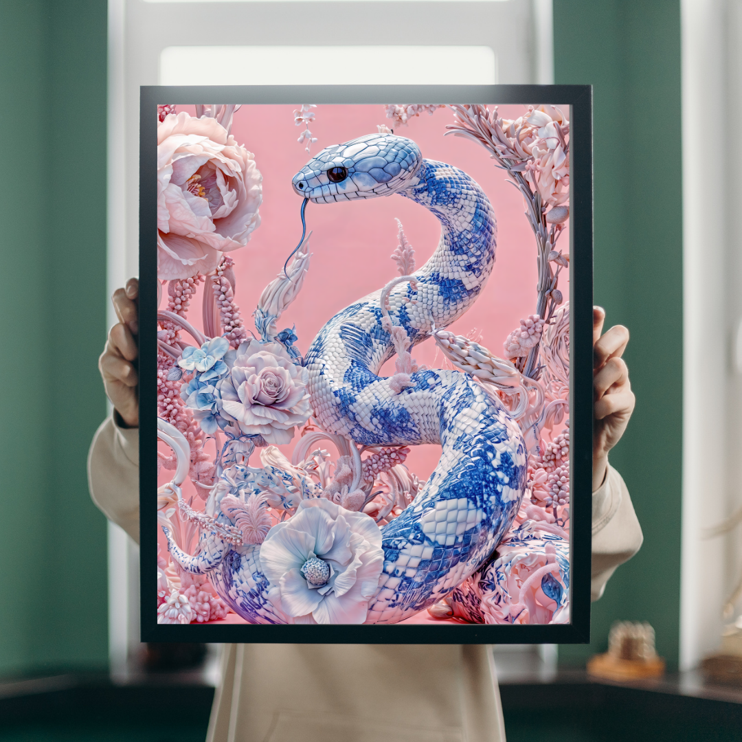 Oracle Snake Art Print - Blue and White Porcelain Serpent Wall Decor - Surreal Western - Elegant Mystical Snake Poster - Desert Art