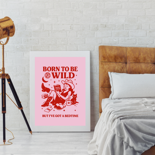Born to Be Wild But I’ve Got a Bedtime – Funny Cowgirl Retro Poster | Vintage Western Wall Art | Cozy Feminine Aesthetic | Red Ink Print | Cat Lady Humor