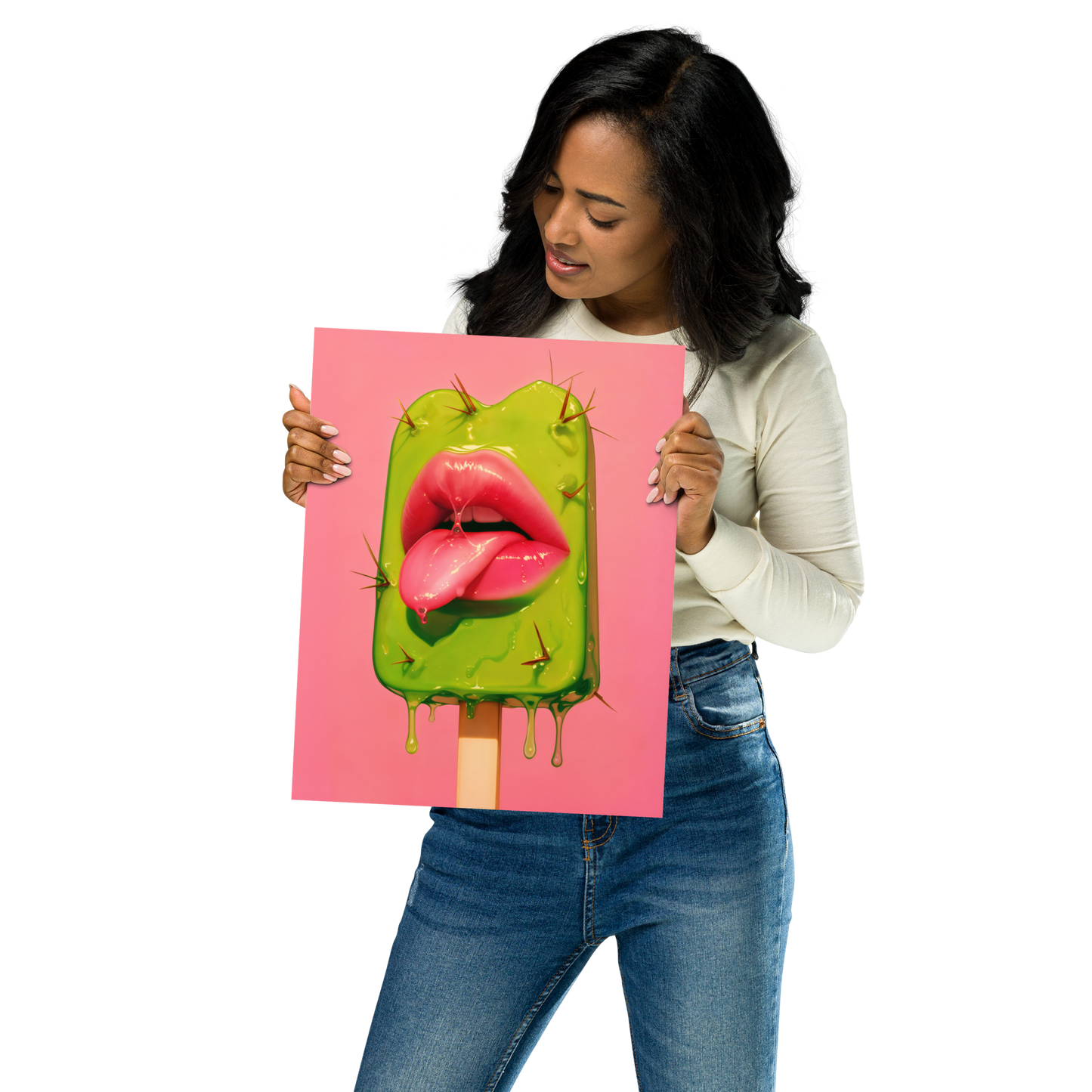 Prickly Pop Print - Cactus Lips Art - Surreal Western Pop Art - Neon Desert Aesthetic Poster - Alt Indie Y2K - Cowgirlcore Cactus Wall Art