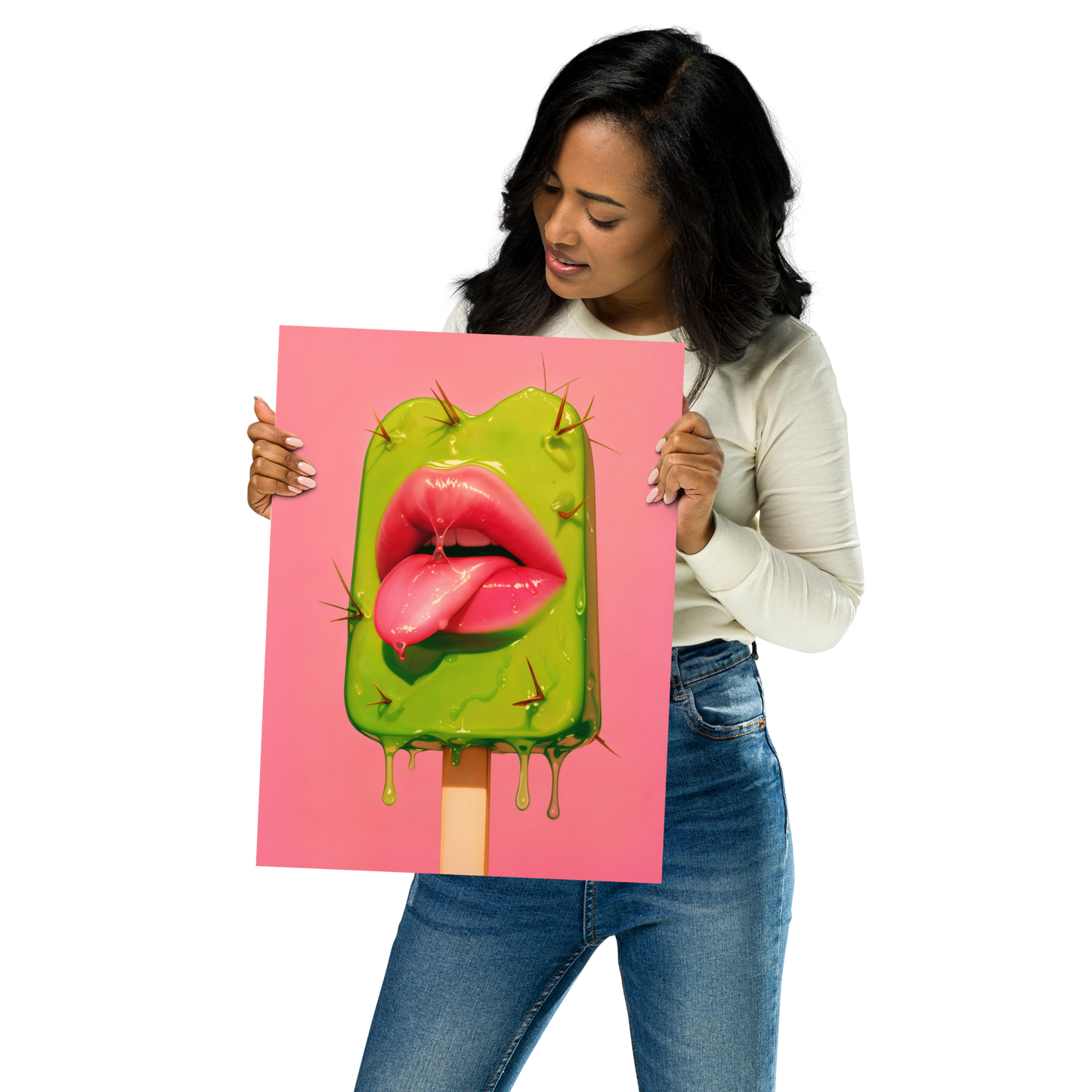 Prickly Pop Print - Cactus Lips Art - Surreal Western Pop Art - Neon Desert Aesthetic Poster - Alt Indie Y2K - Cowgirlcore Cactus Wall Art
