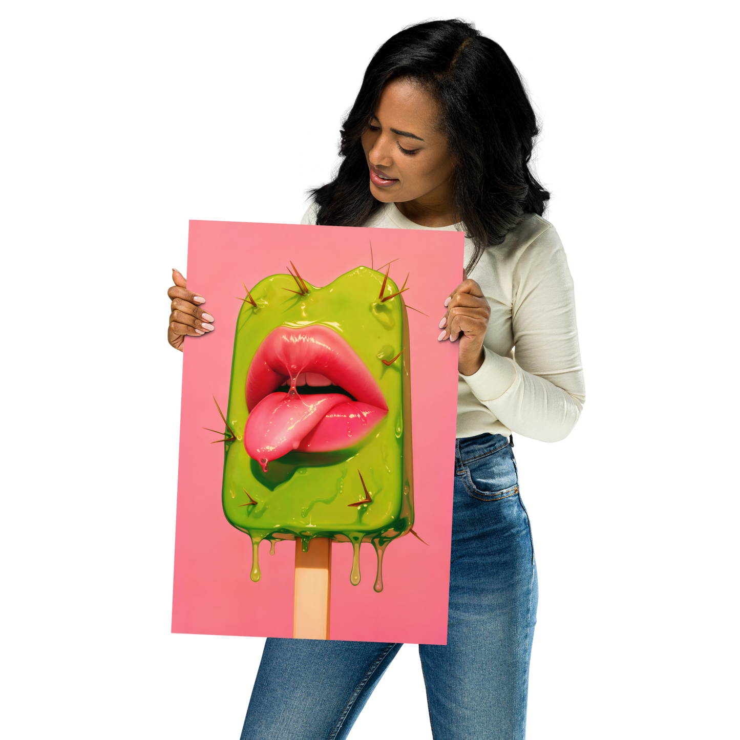 Prickly Pop Print - Cactus Lips Art - Surreal Western Pop Art - Neon Desert Aesthetic Poster - Alt Indie Y2K - Cowgirlcore Cactus Wall Art