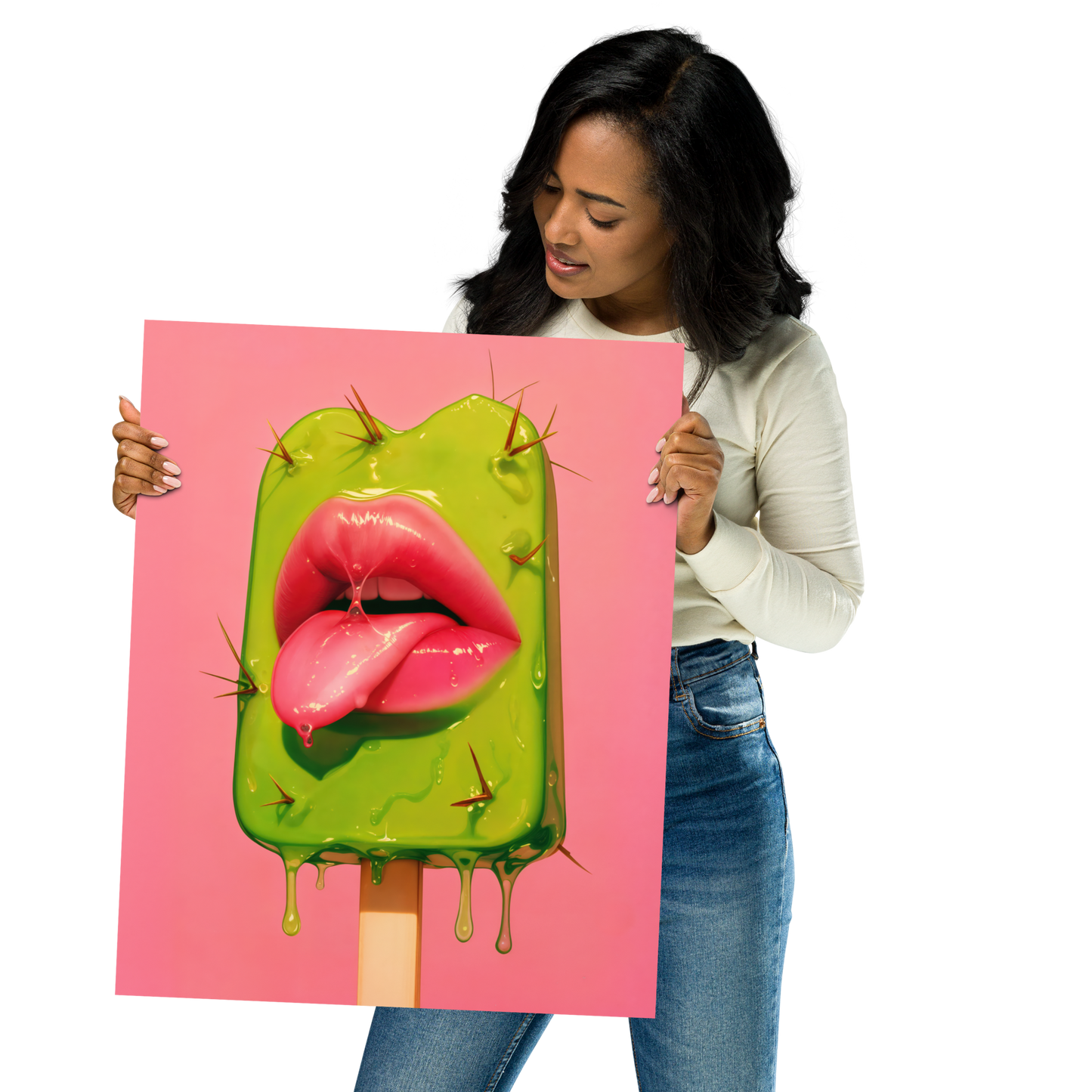 Prickly Pop Print - Cactus Lips Art - Surreal Western Pop Art - Neon Desert Aesthetic Poster - Alt Indie Y2K - Cowgirlcore Cactus Wall Art