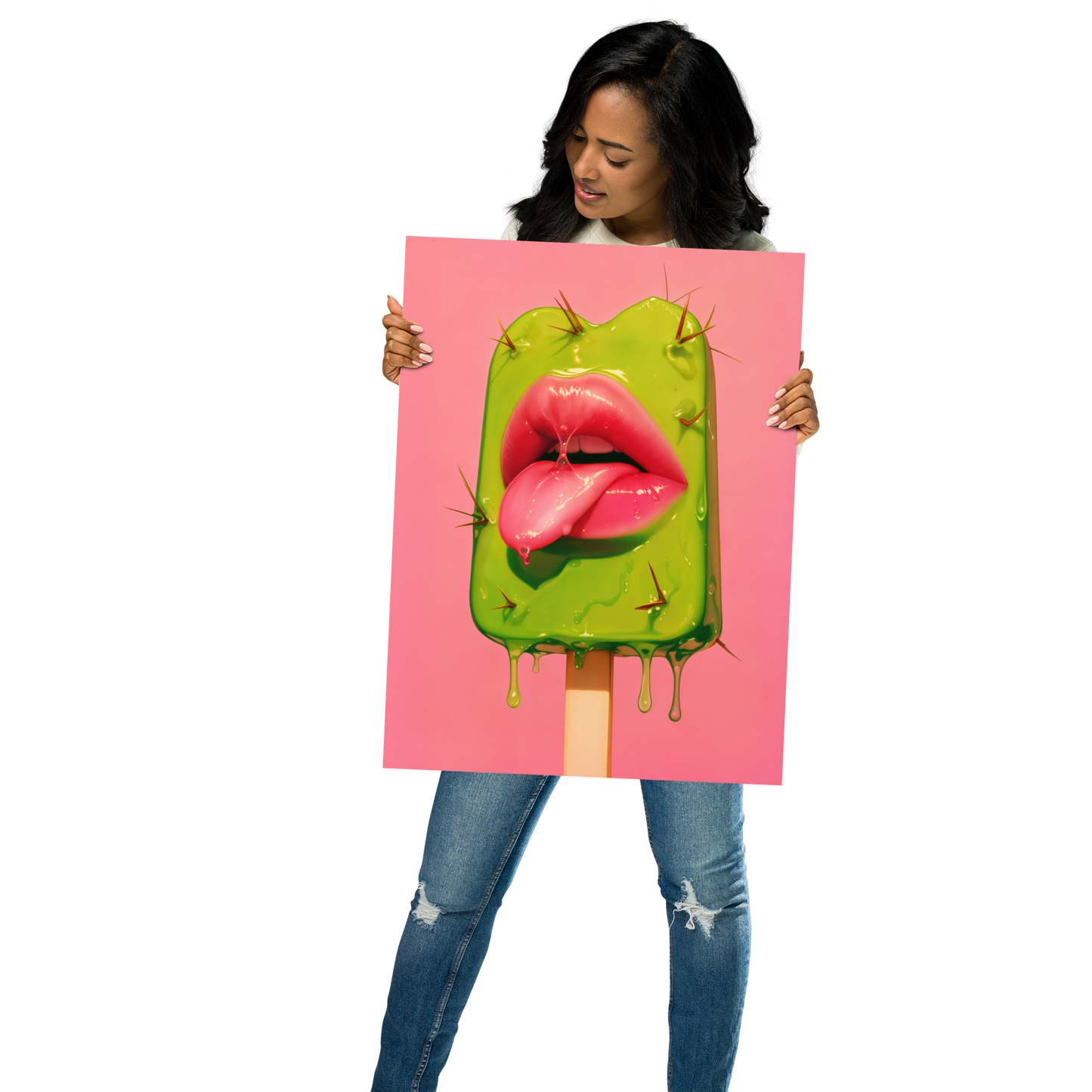 Prickly Pop Print - Cactus Lips Art - Surreal Western Pop Art - Neon Desert Aesthetic Poster - Alt Indie Y2K - Cowgirlcore Cactus Wall Art