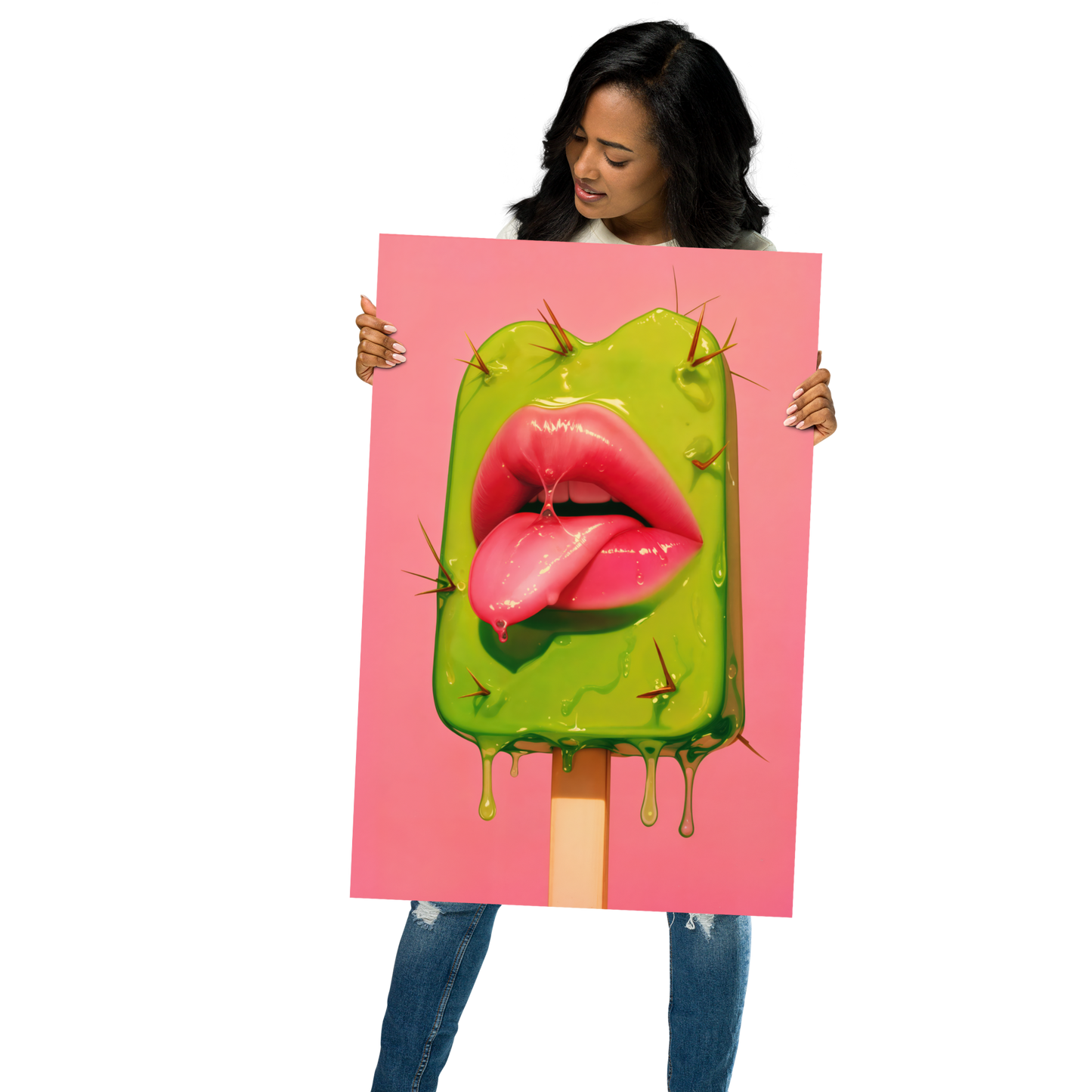 Prickly Pop Print - Cactus Lips Art - Surreal Western Pop Art - Neon Desert Aesthetic Poster - Alt Indie Y2K - Cowgirlcore Cactus Wall Art