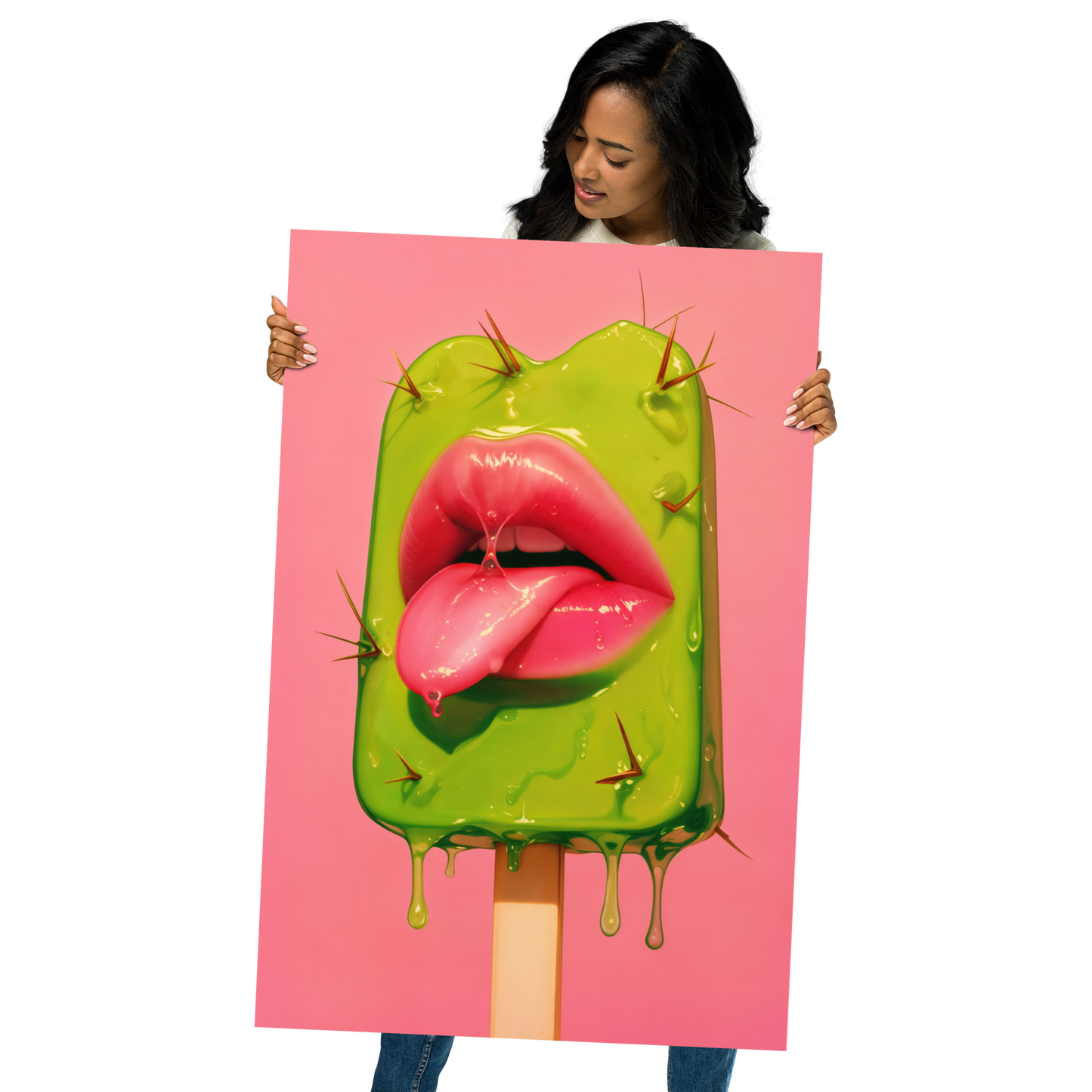Prickly Pop Print - Cactus Lips Art - Surreal Western Pop Art - Neon Desert Aesthetic Poster - Alt Indie Y2K - Cowgirlcore Cactus Wall Art