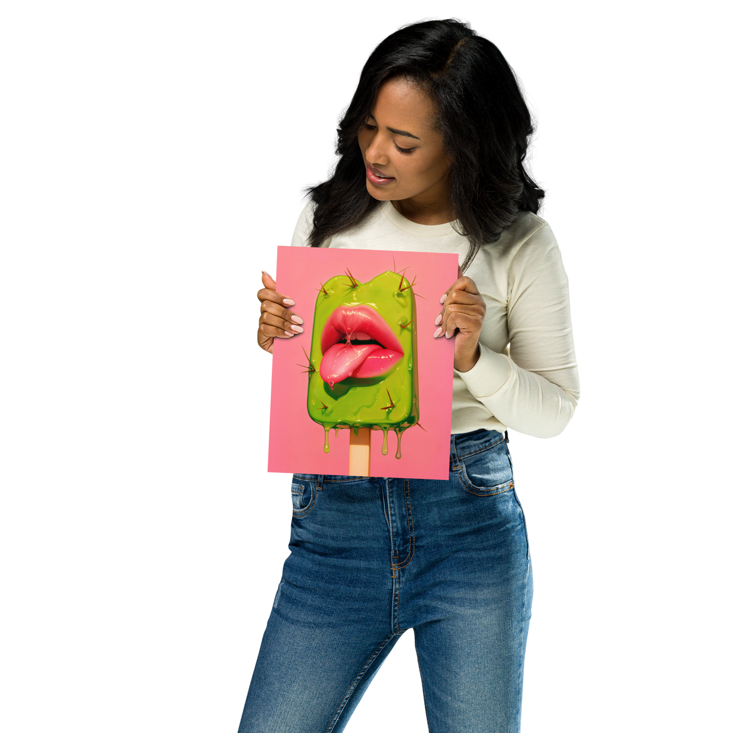 Prickly Pop Print - Cactus Lips Art - Surreal Western Pop Art - Neon Desert Aesthetic Poster - Alt Indie Y2K - Cowgirlcore Cactus Wall Art