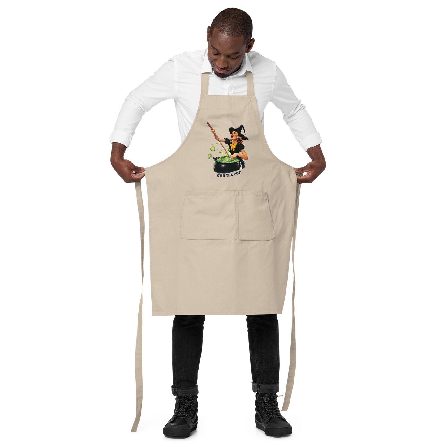 Stir The Pot Witchy Apron - Organic Cotton Funny Halloween Cooking Apron - Spooky Witch Design - Witch Gift for Housewarming Kitchen