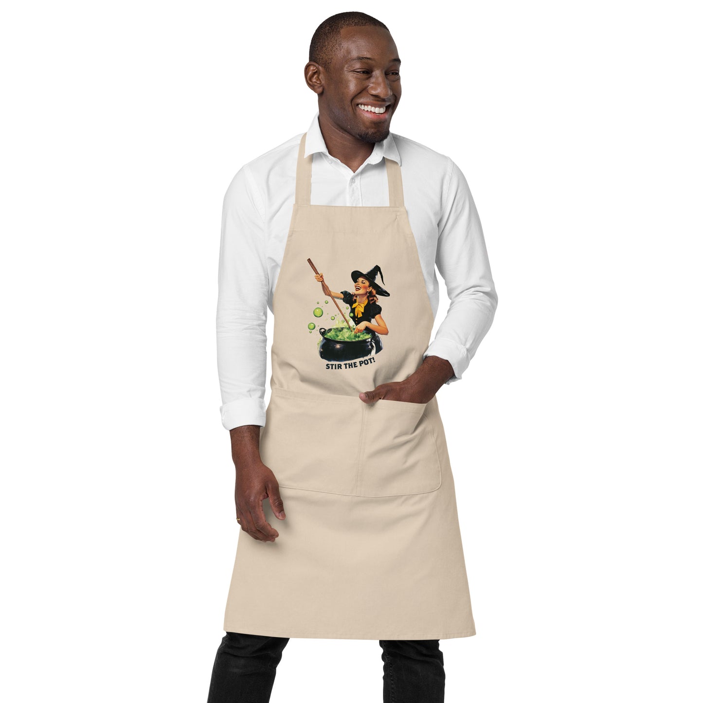 Stir The Pot Witchy Apron - Organic Cotton Funny Halloween Cooking Apron - Spooky Witch Design - Witch Gift for Housewarming Kitchen