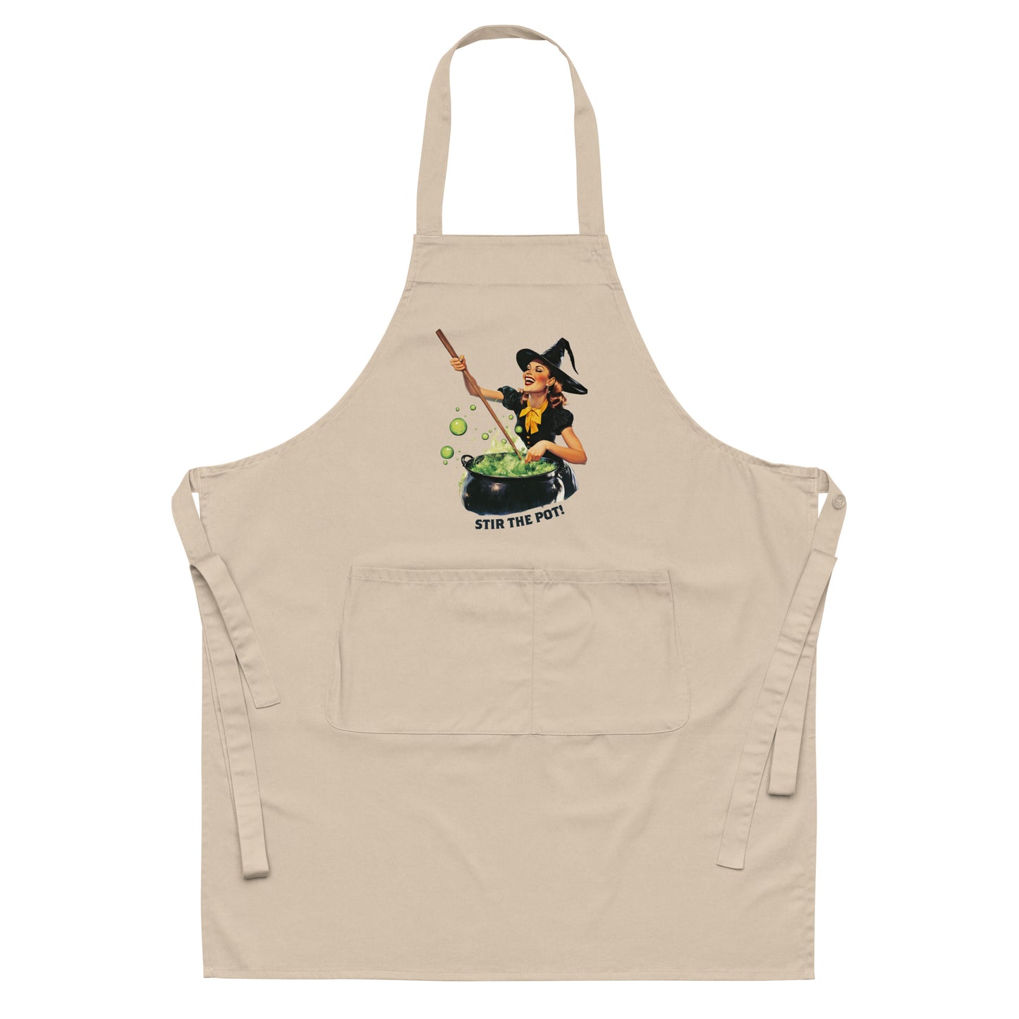 Stir The Pot Witchy Apron - Organic Cotton Funny Halloween Cooking Apron - Spooky Witch Design - Witch Gift for Housewarming Kitchen