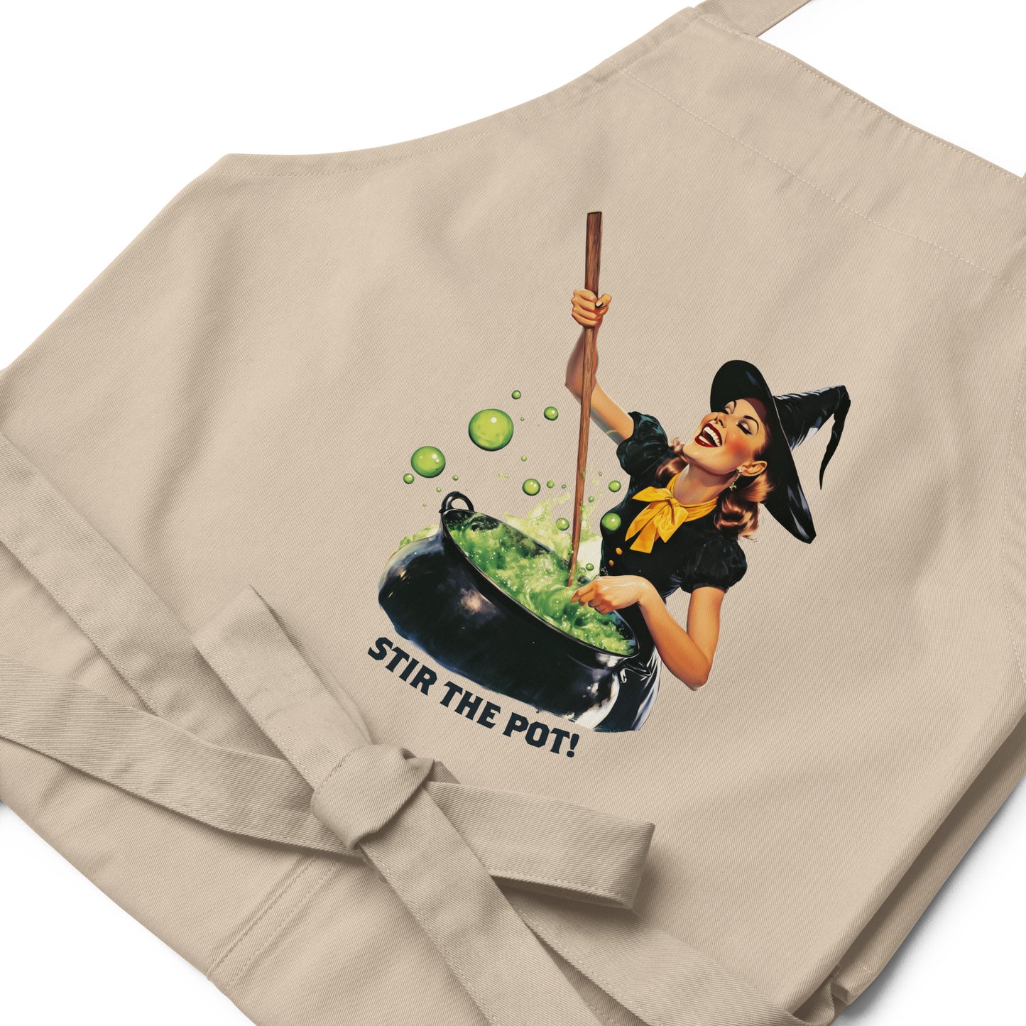 Stir The Pot Witchy Apron - Organic Cotton Funny Halloween Cooking Apron - Spooky Witch Design - Witch Gift for Housewarming Kitchen
