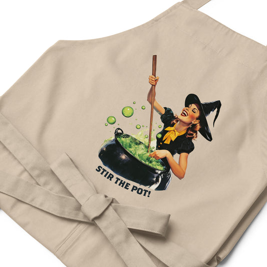 Stir The Pot Witchy Apron - Organic Cotton Funny Halloween Cooking Apron - Spooky Witch Design - Witch Gift for Housewarming Kitchen