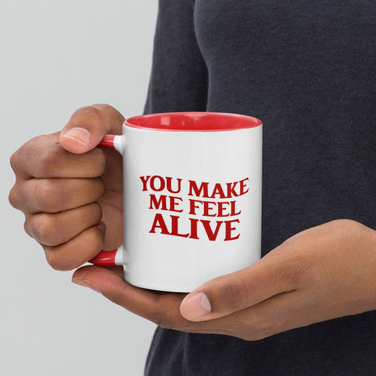 You Make Me Feel Alive Skeleton Cowboy Mug – Western Retro Pin-Up Coffee Cup, Funny Gift for Him, Vintage-Style Red Ink Design
